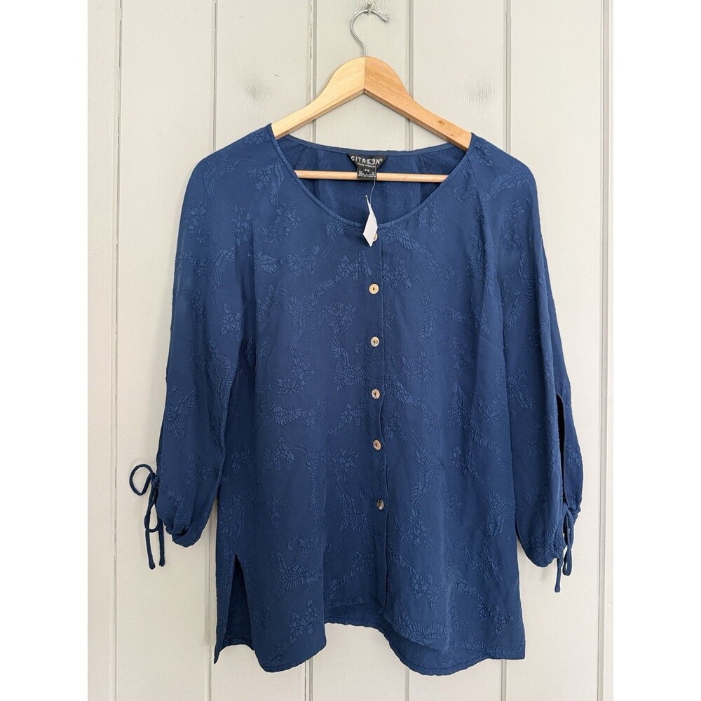 NWT Citron Santa Monica Tunic Top Petite Small PS Silk Button Front Bird Texture